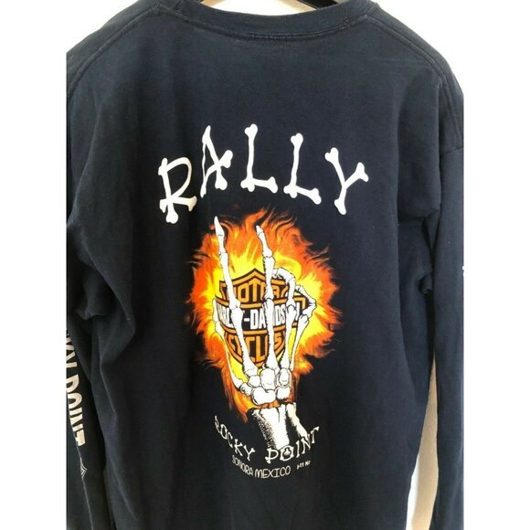 Yazbek Harley Davidson Dark Blue Long Sleeve T Shirt Skeleton Hand Flame Design - Picture 4 of 7